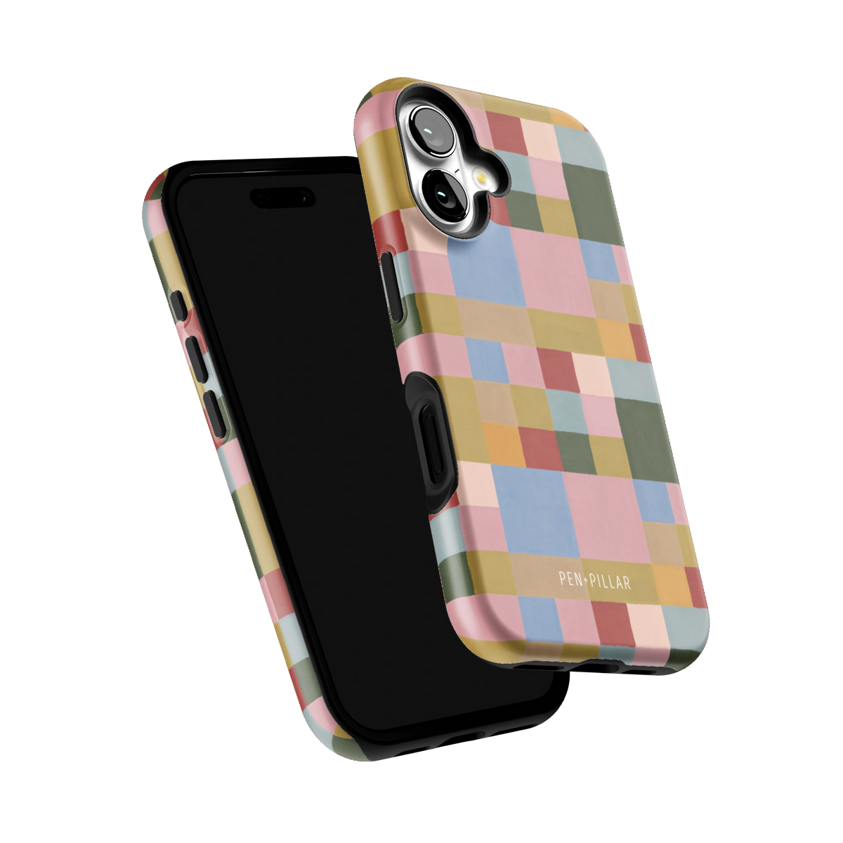 Colorblock iPhone 16 case tilted to show the raised edges around the screen and camera