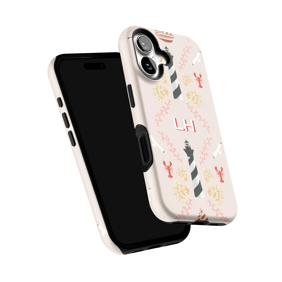 Lighthouse Personalized iPhone 16 case tilted to show the raised edges around the screen and camera