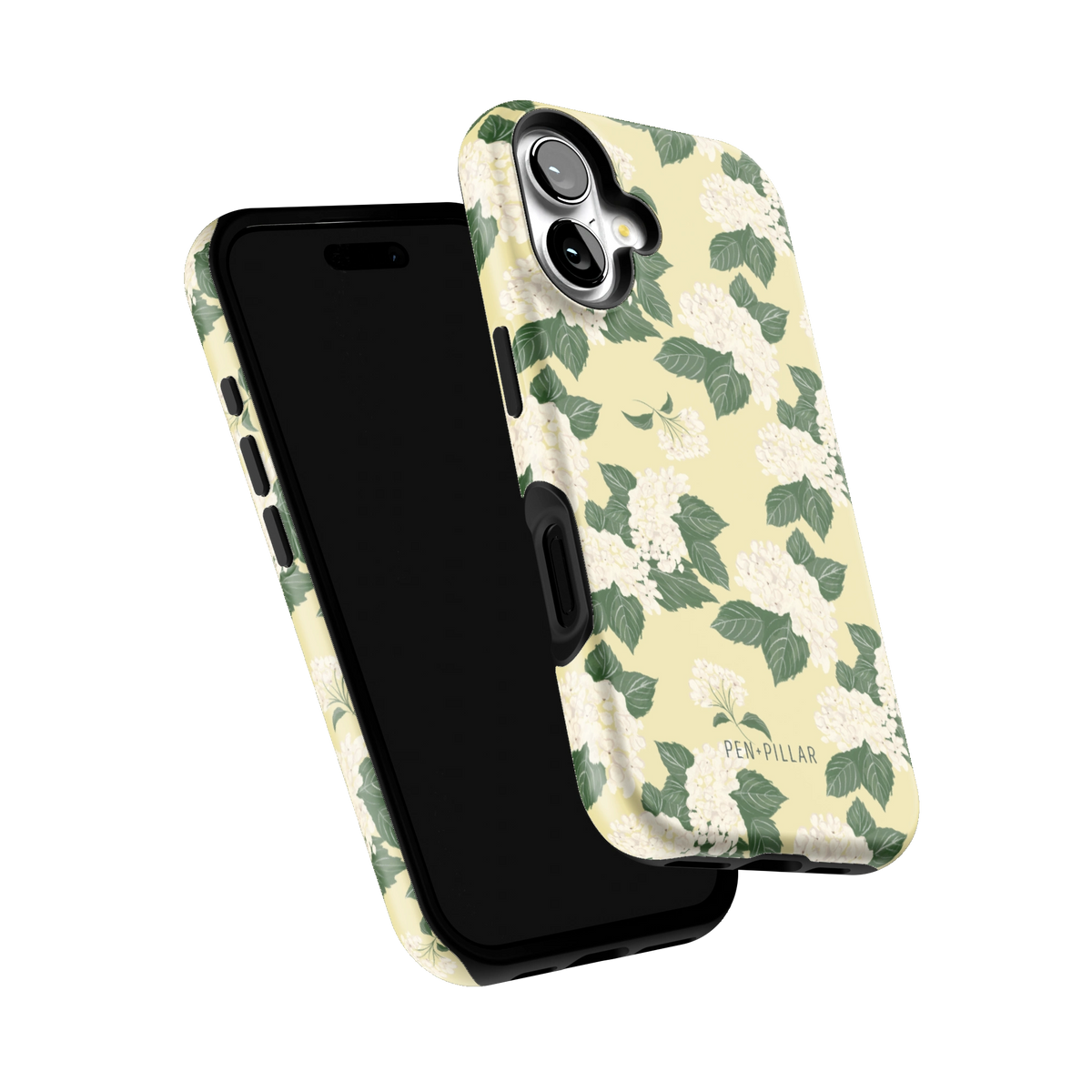 Hydrangea iPhone 16 case tilted to show the raised edges around the screen and camera