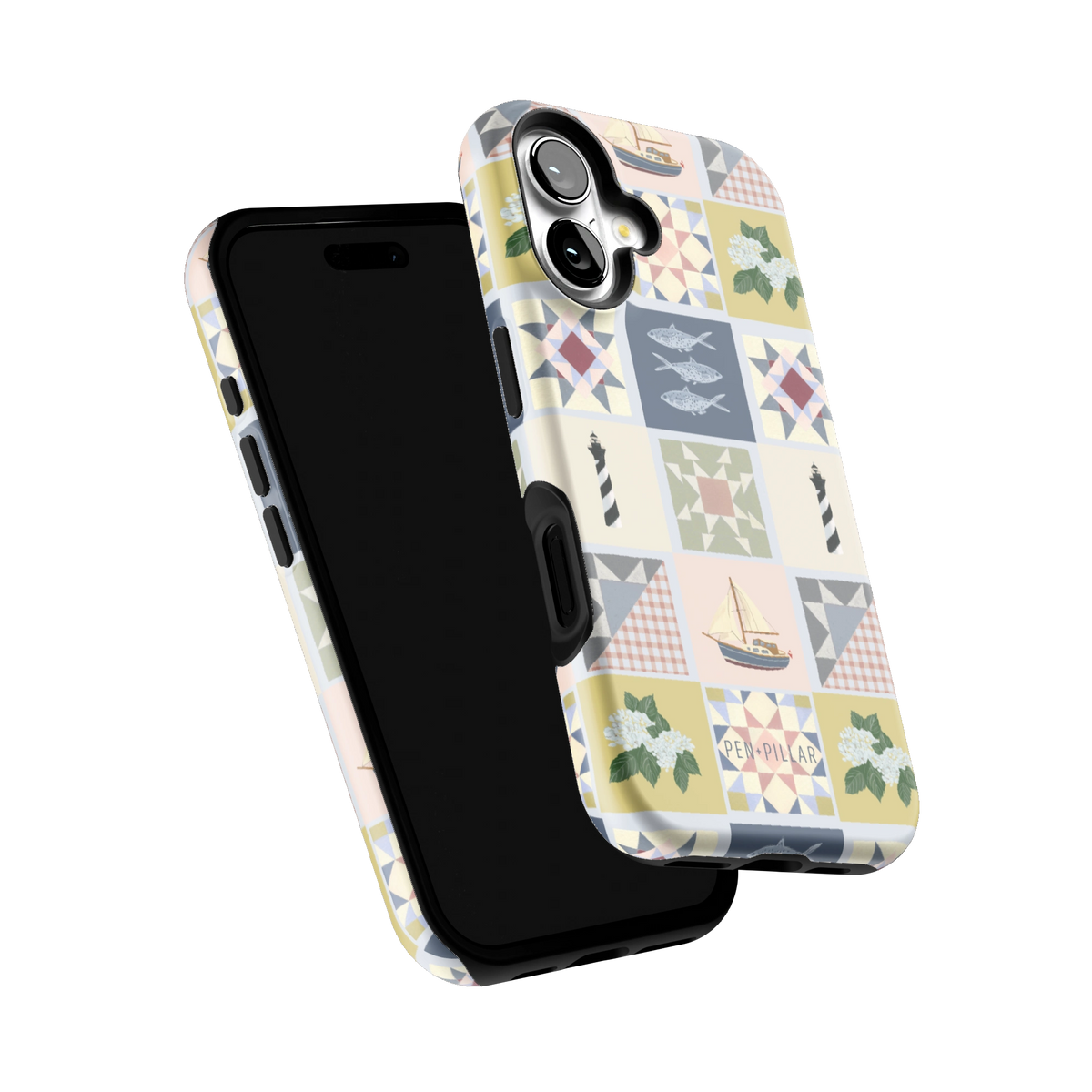Coastal Quilt iPhone 16 case tilted to show the raised edges around the screen and camera