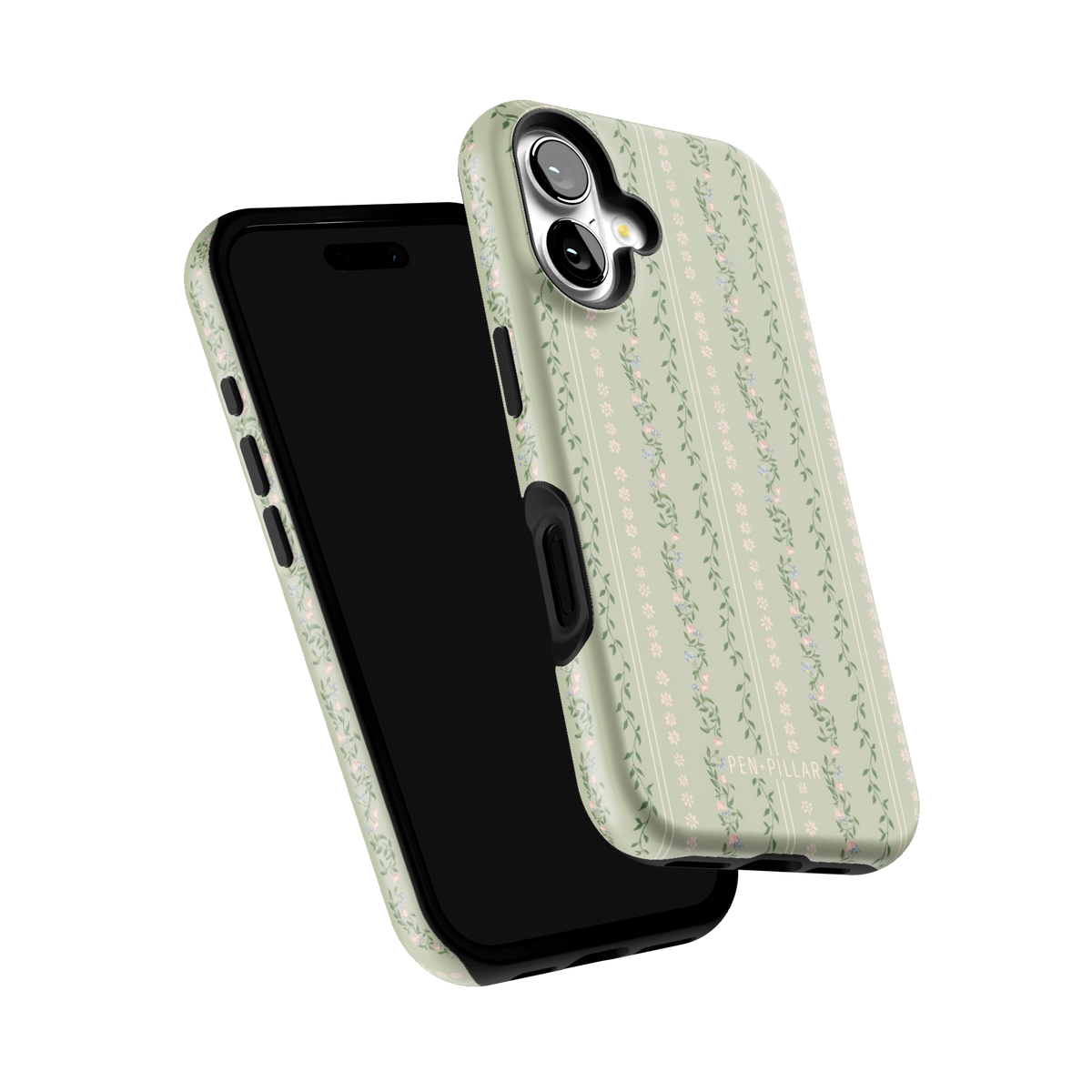 Camellia iPhone 16 case tilted to show the raised edges around the screen and camera