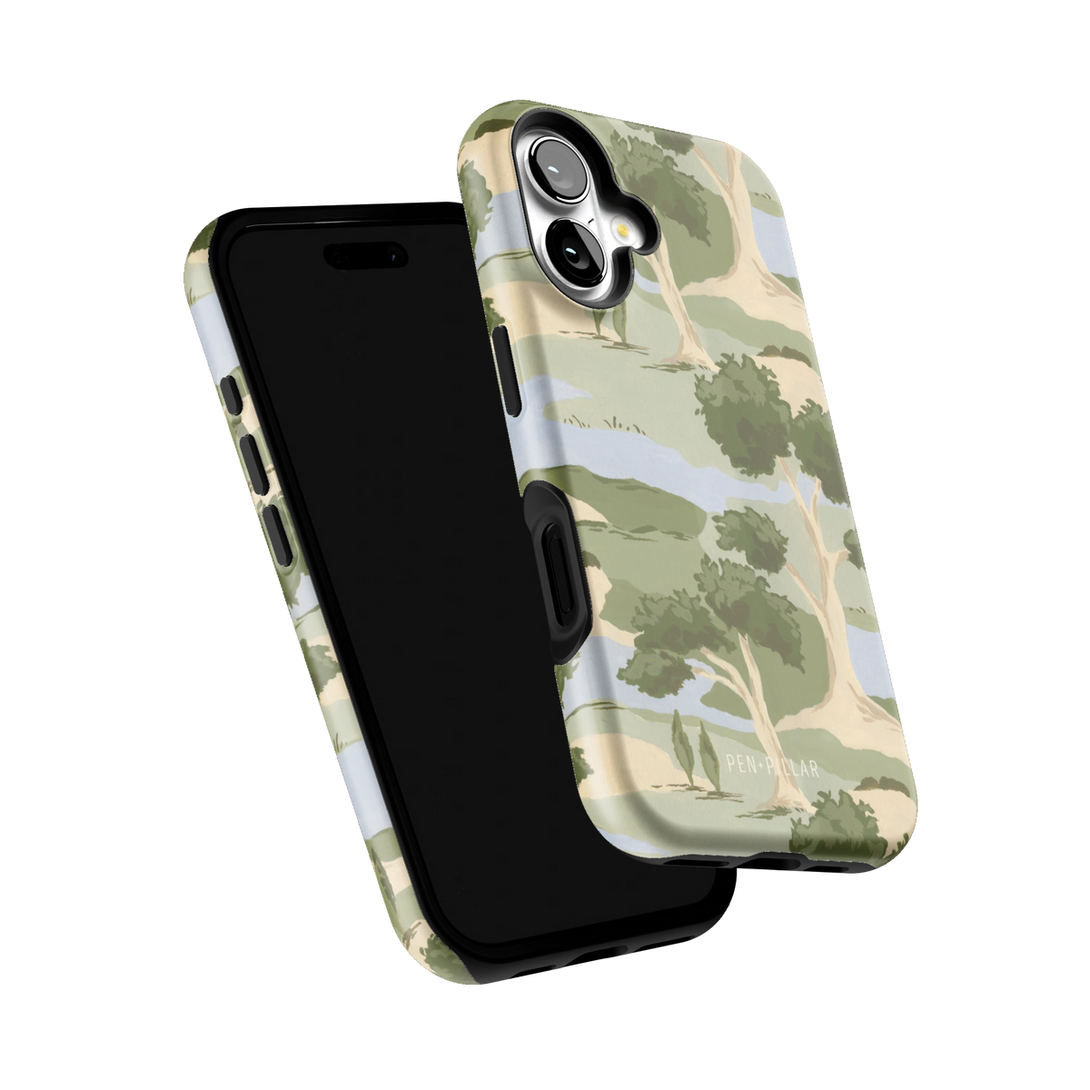 Orchard iPhone 16 case tilted to show the raised edges around the screen and camera
