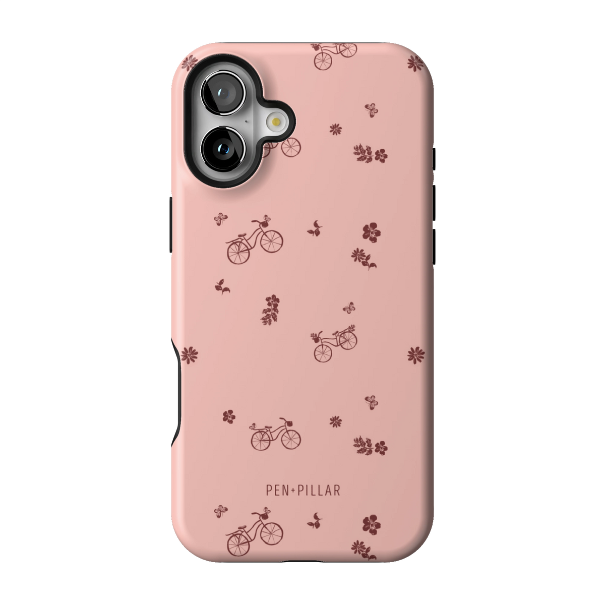 Bike Ride case on iPhone 16 Plus, back view: little bicycles and flower sprigs on pink