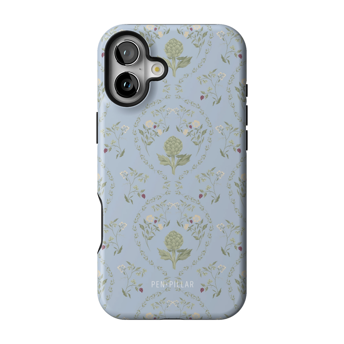 Artichoke case on iPhone 16 Plus, back view: soft green artichokes in a vintage trellis on dusty blue