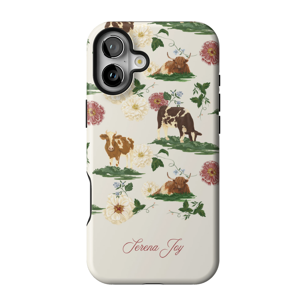 Pasture Personalized case on iPhone 16 Plus, back view: cows and dahlias in a countryside scene on cream with a name in script