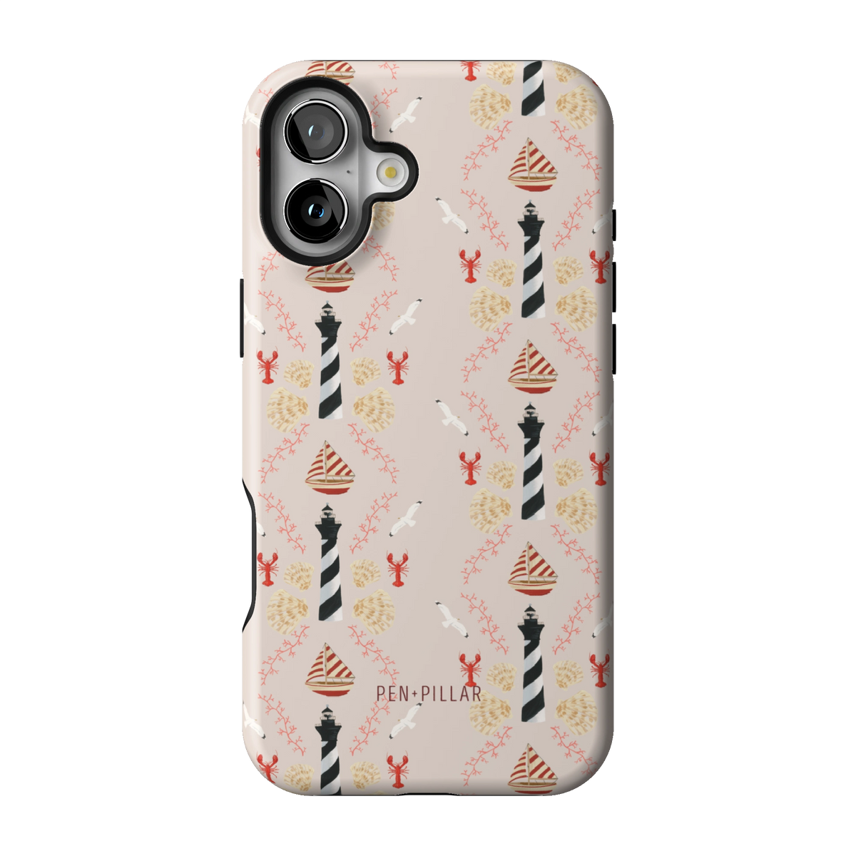 Lighthouse case on iPhone 16 Plus, back view: striped lighthouses, lobsters and seashells on blush