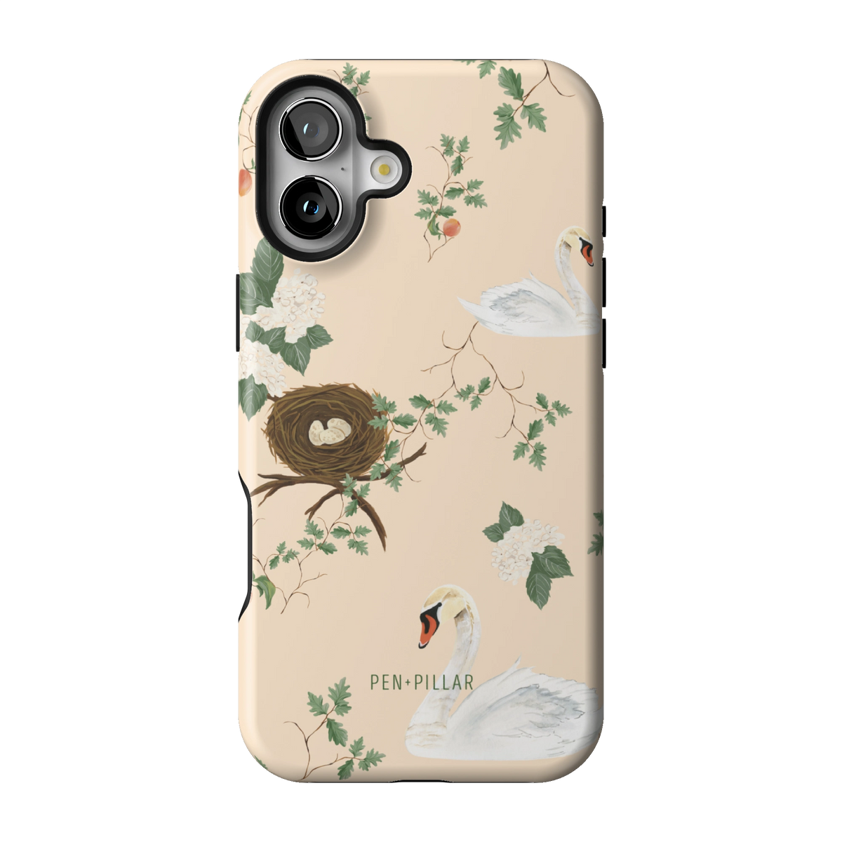 Swan Hollow case on iPhone 16 Plus, back view: swans, a bird's nest and trailing greenery on cream