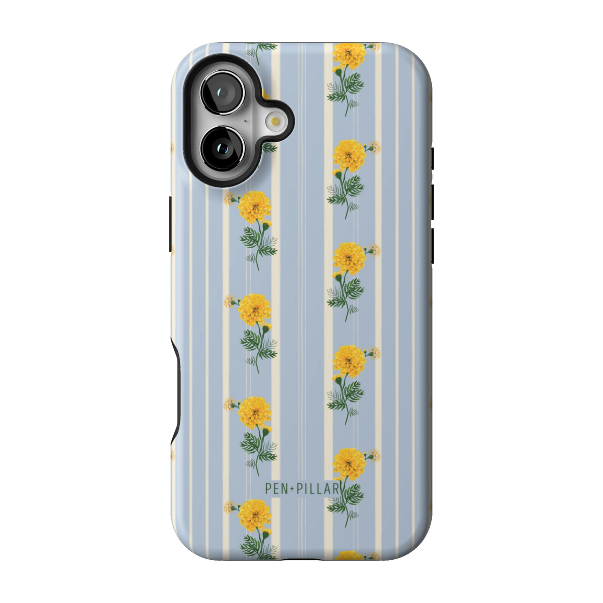 October Birth Month case on iPhone 16 Plus, back view: yellow marigolds on blue and cream stripes