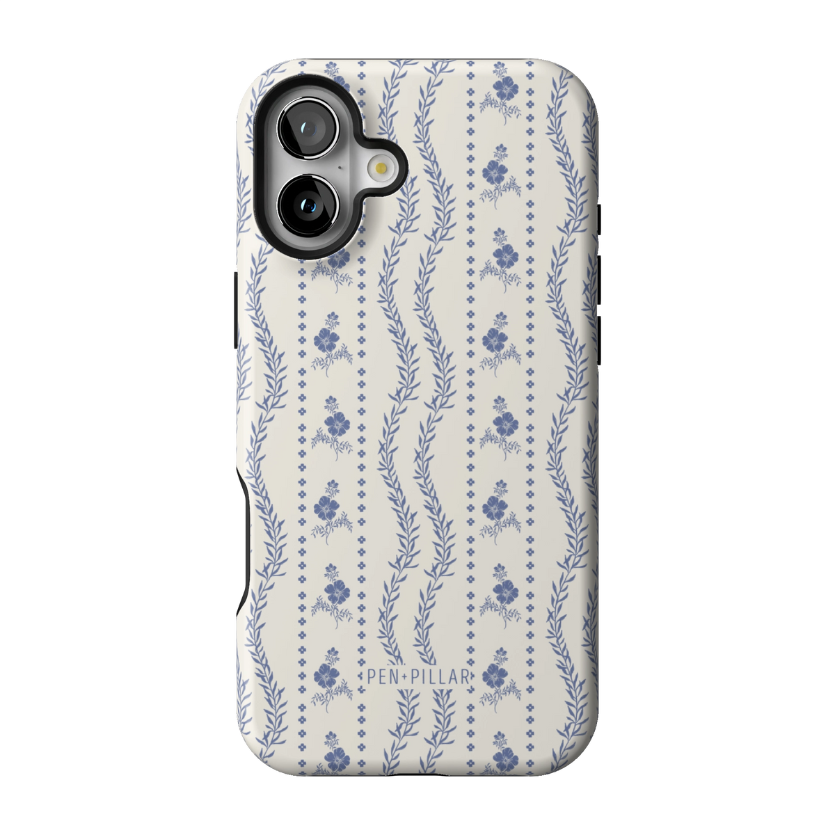 Riviera case on iPhone 16 Plus, back view: blue florals and vines in stripes on white