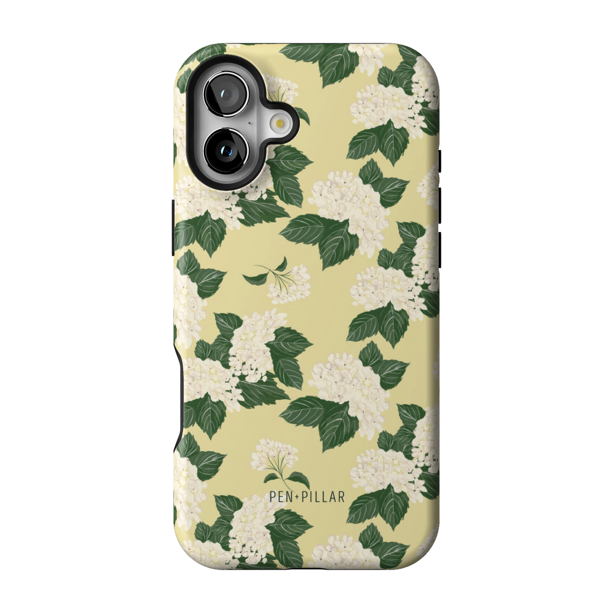 Hydrangea case on iPhone 16 Plus, back view: white hydrangeas and green leaves on buttery yellow