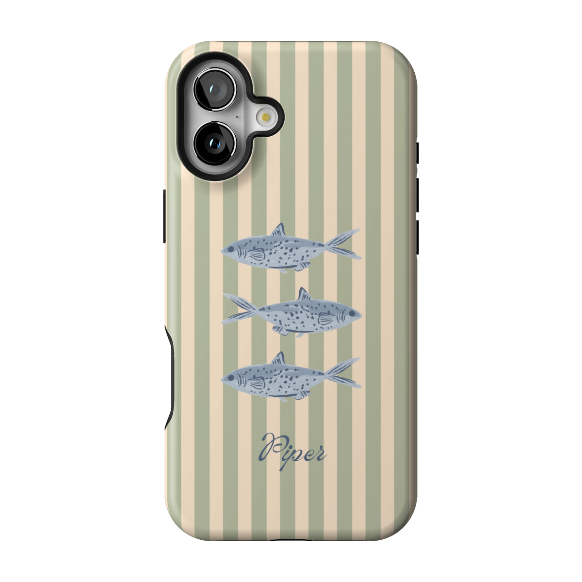 Sea Stripes Personalized case on iPhone 16 Plus, back view: blue fish on sage and cream stripes with the name Piper