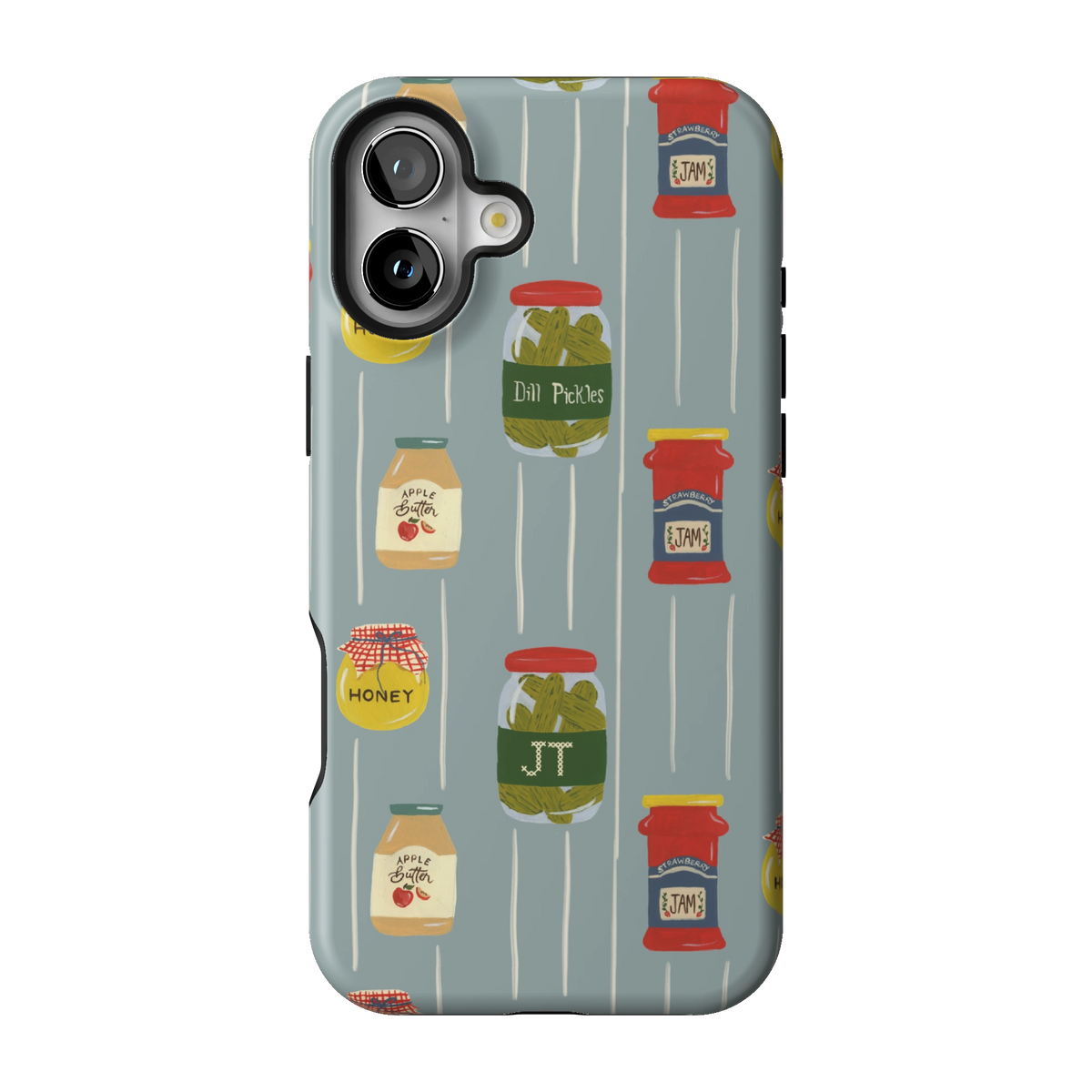 Preserves Personalized case on iPhone 16 Plus, back view: jars of honey, pickles and jam on slate blue stripes with the initials JT