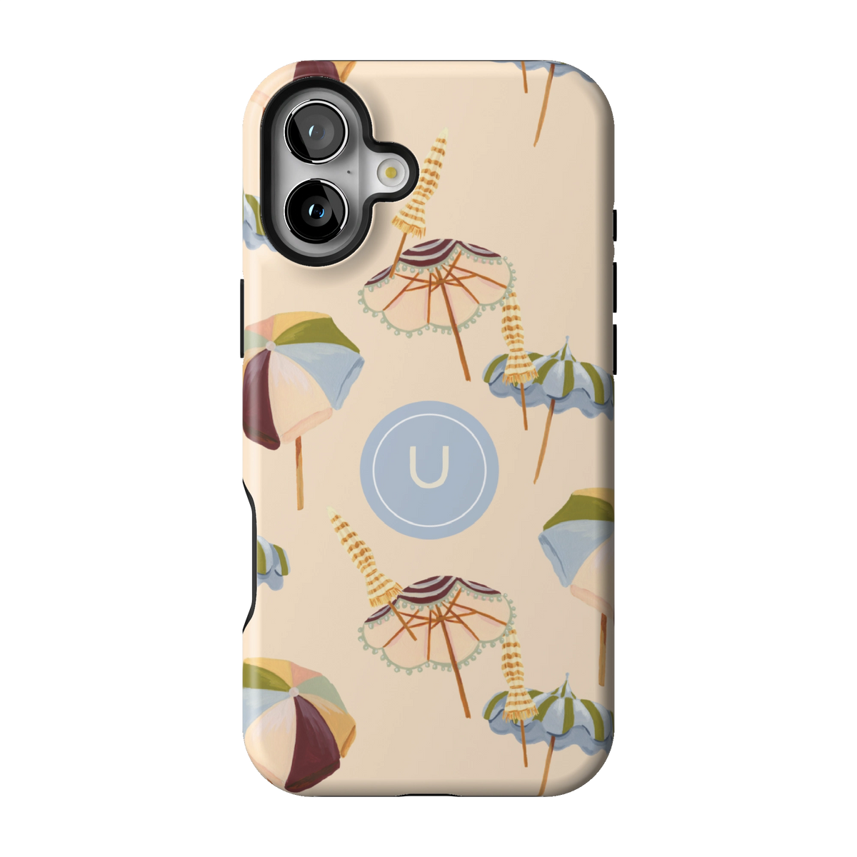 Umbrellas Personalized case on iPhone 16 Plus, back view: striped beach umbrellas and loungers on warm sand with the initial U