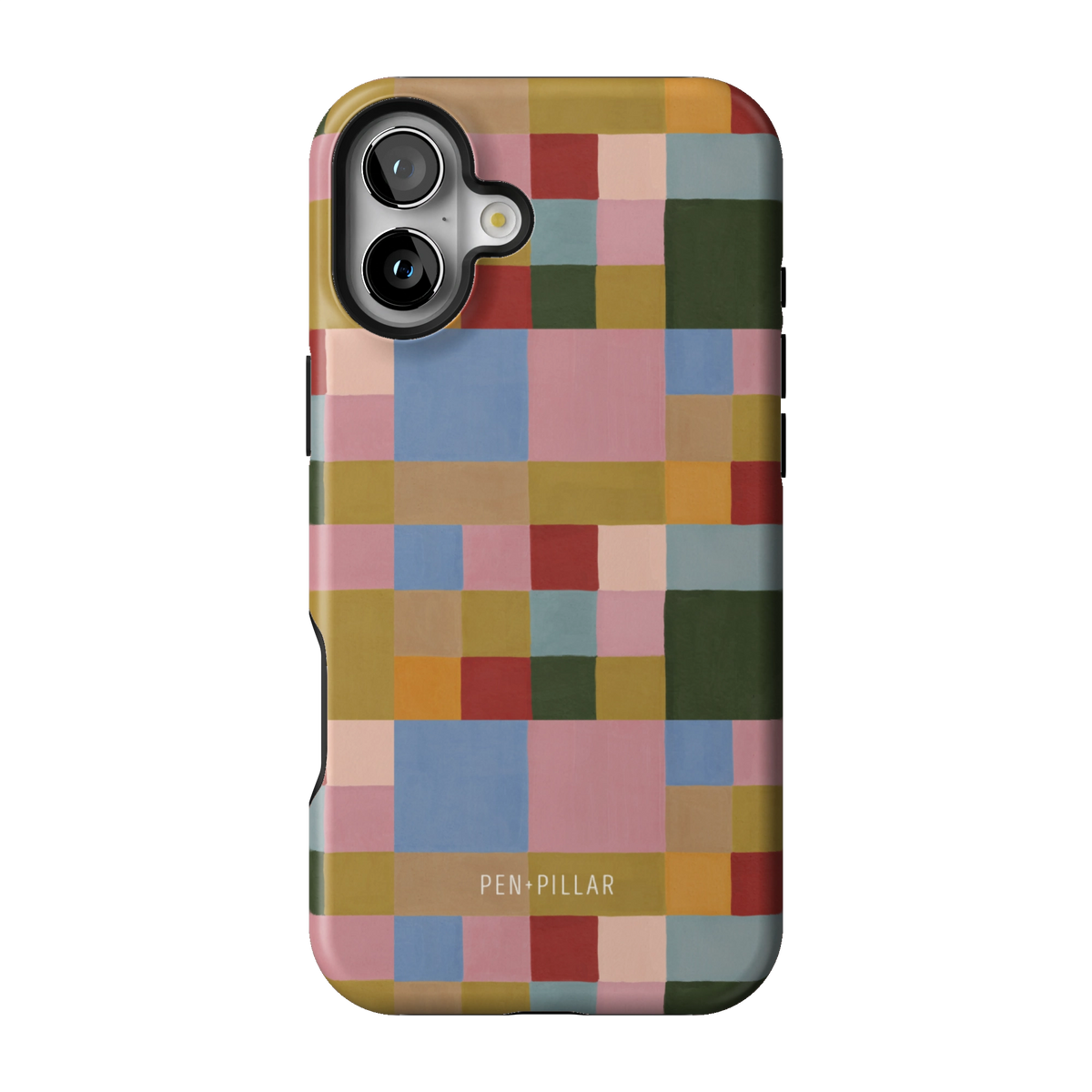 Colorblock case on iPhone 16 Plus, back view: painterly squares in blush, sky blue, mustard, rust and forest green