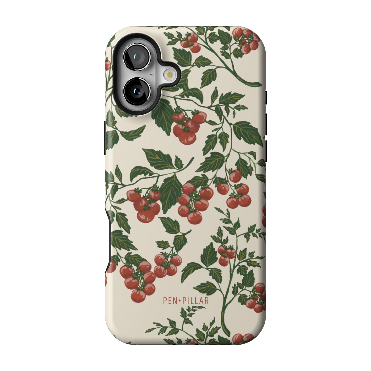 Tomato Vines case on iPhone 16 Plus, back view: red tomatoes on leafy green vines over cream