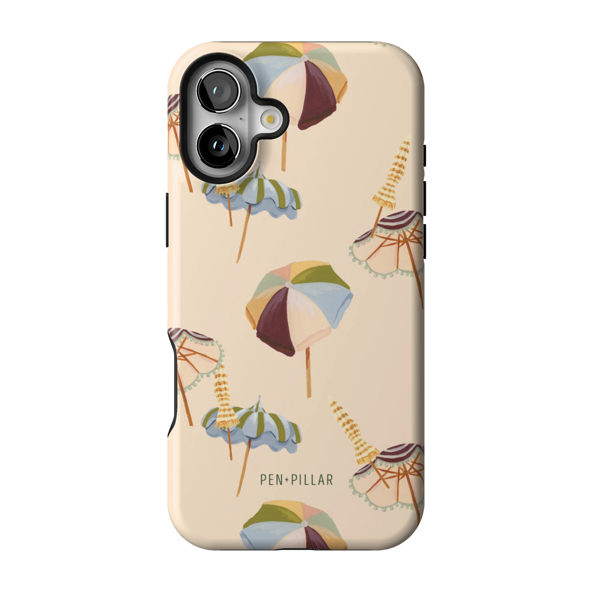 Umbrellas case on iPhone 16 Plus, back view: striped beach umbrellas and loungers on warm sand