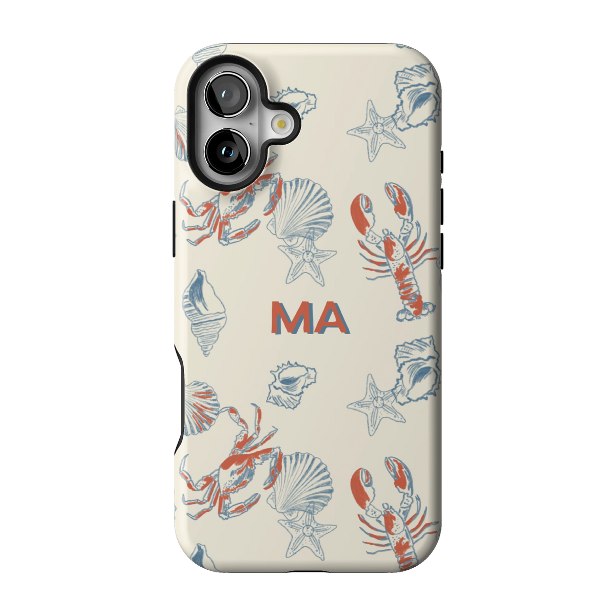 Mariner Personalized case on iPhone 16 Plus, back view: red lobsters, blue crabs and seashells on cream with the initials MA