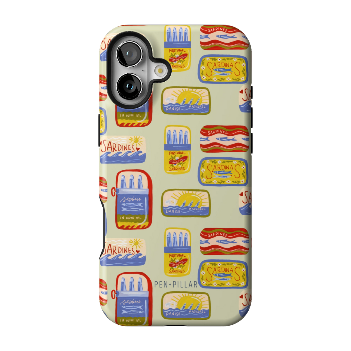 Sardines case on iPhone 16 Plus, back view: vintage sardine tins on pale sage