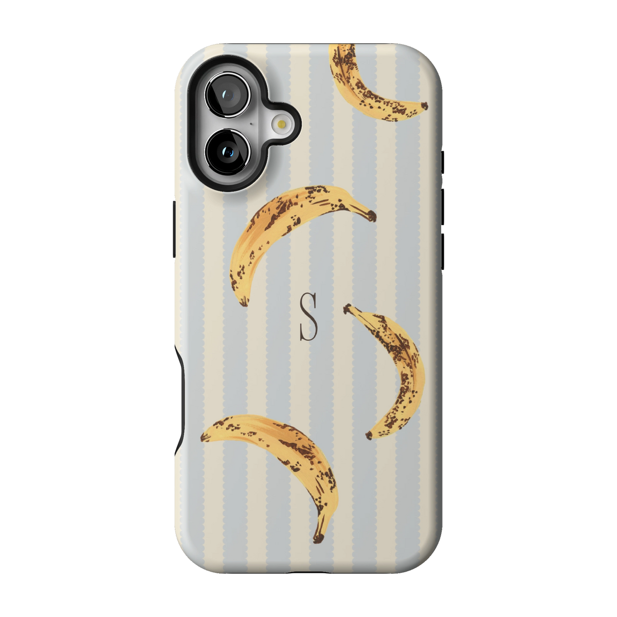 Striped Bananas Personalized case on iPhone 16 Plus, back view: ripe bananas on pale blue and cream stripes with the initial S