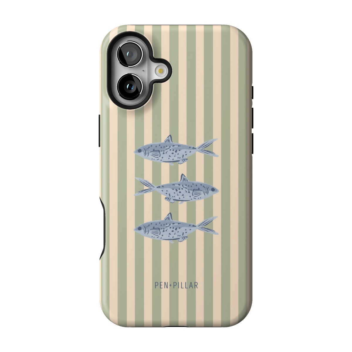 Sea Stripes case on iPhone 16 Plus, back view: blue fish on sage and cream stripes