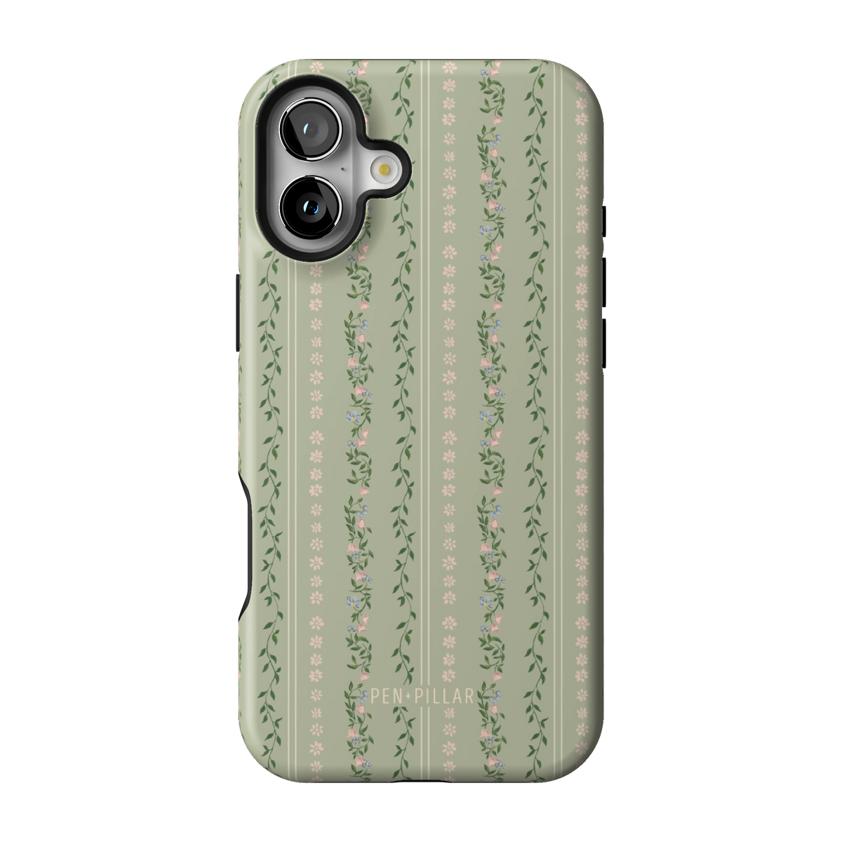 Camellia case on iPhone 16 Plus, back view: sage green with soft floral stripes