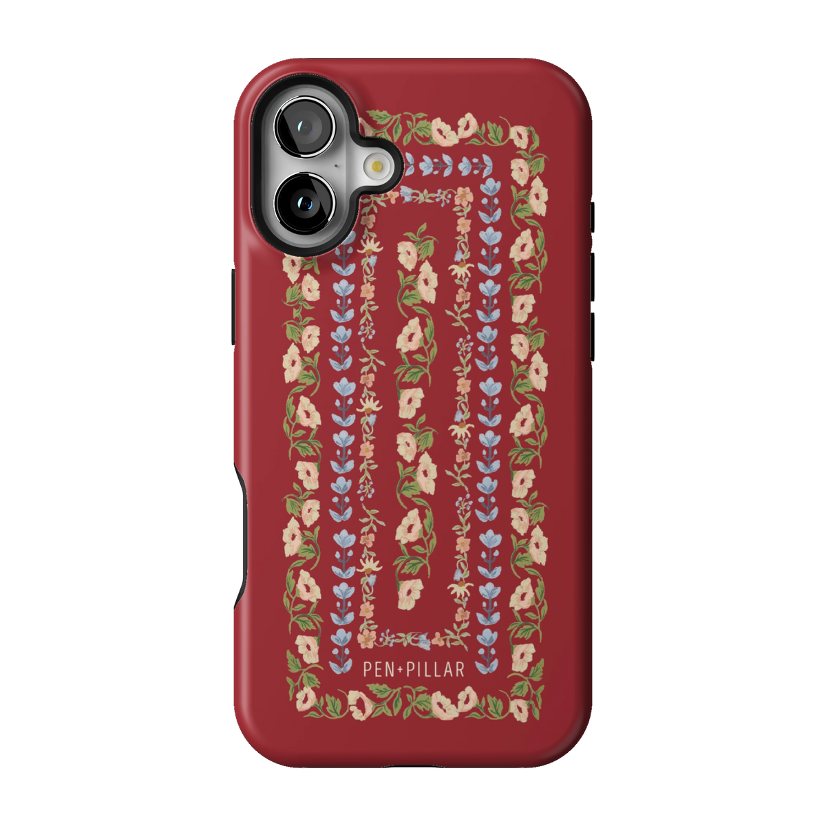 Fiona case on iPhone 16 Plus, back view: ornate floral stripes in cream, blush and blue on rich red
