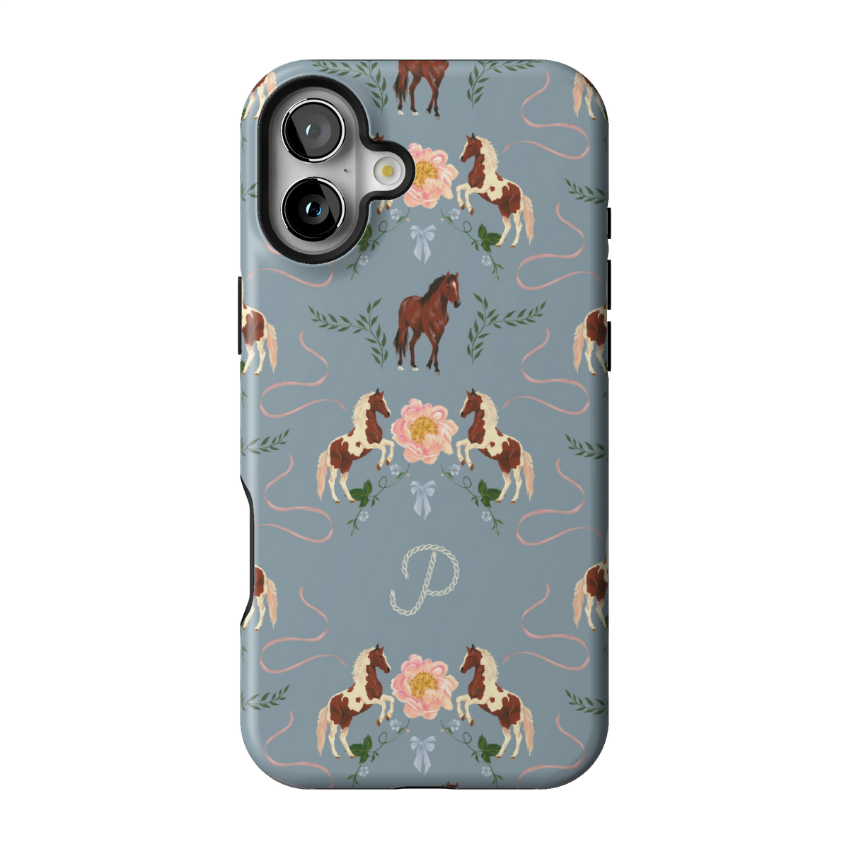 Prairie Personalized case on iPhone 16 Plus, back view: horses and blush florals on dusty blue with the initial P