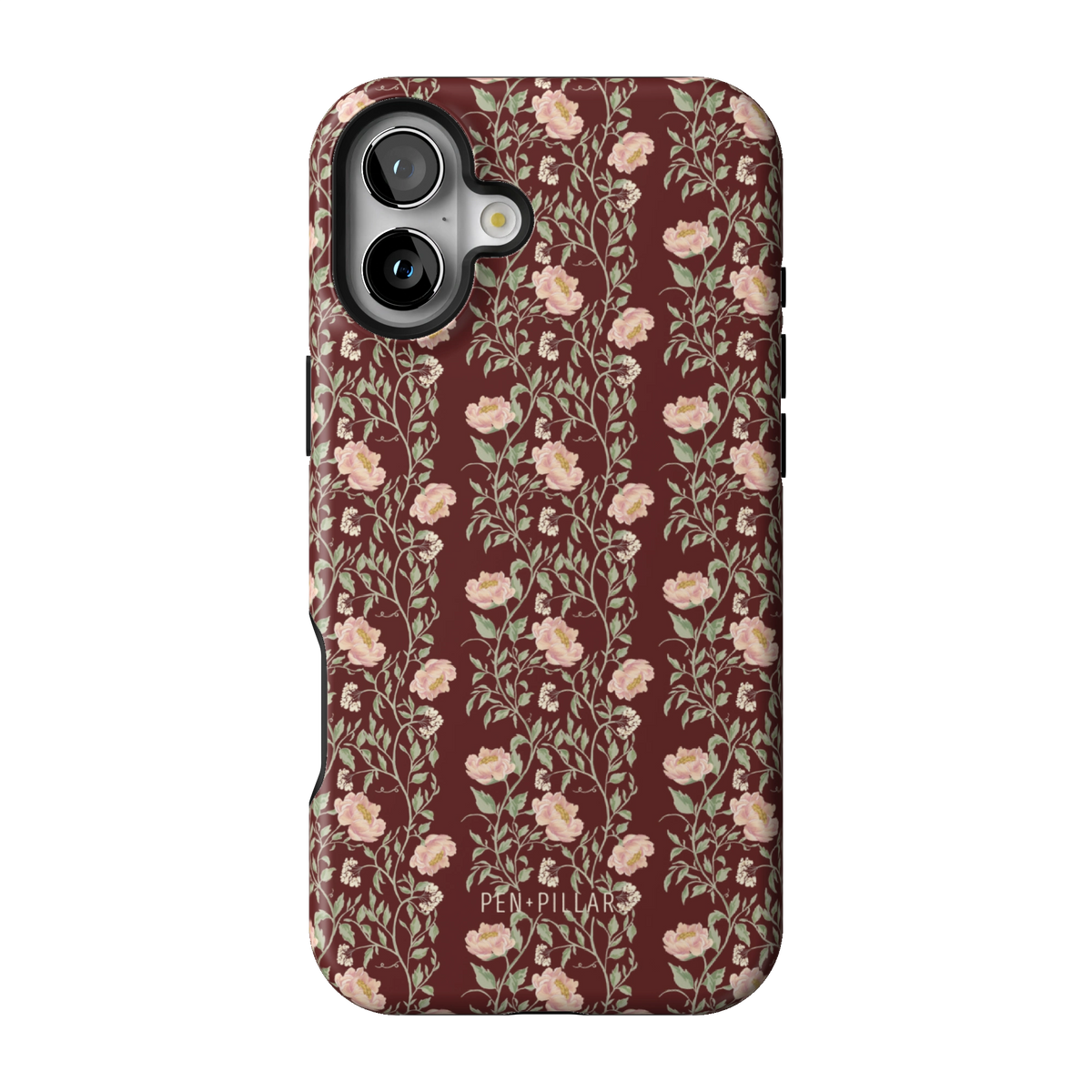 Thicket case on iPhone 16 Plus, back view: dense blush and cream florals on deep burgundy