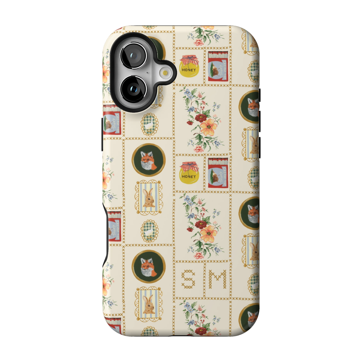 Sampler Personalized case on iPhone 16 Plus, back view: cross-stitch style squares of jars, animals and florals on cream with the initials SM
