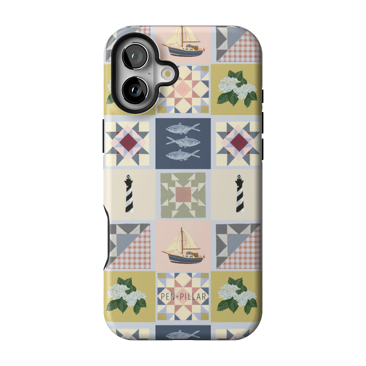 Coastal Quilt case on iPhone 16 Plus, back view: quilt blocks with sailboats, fish, a lighthouse and hydrangeas in navy, sage and blush