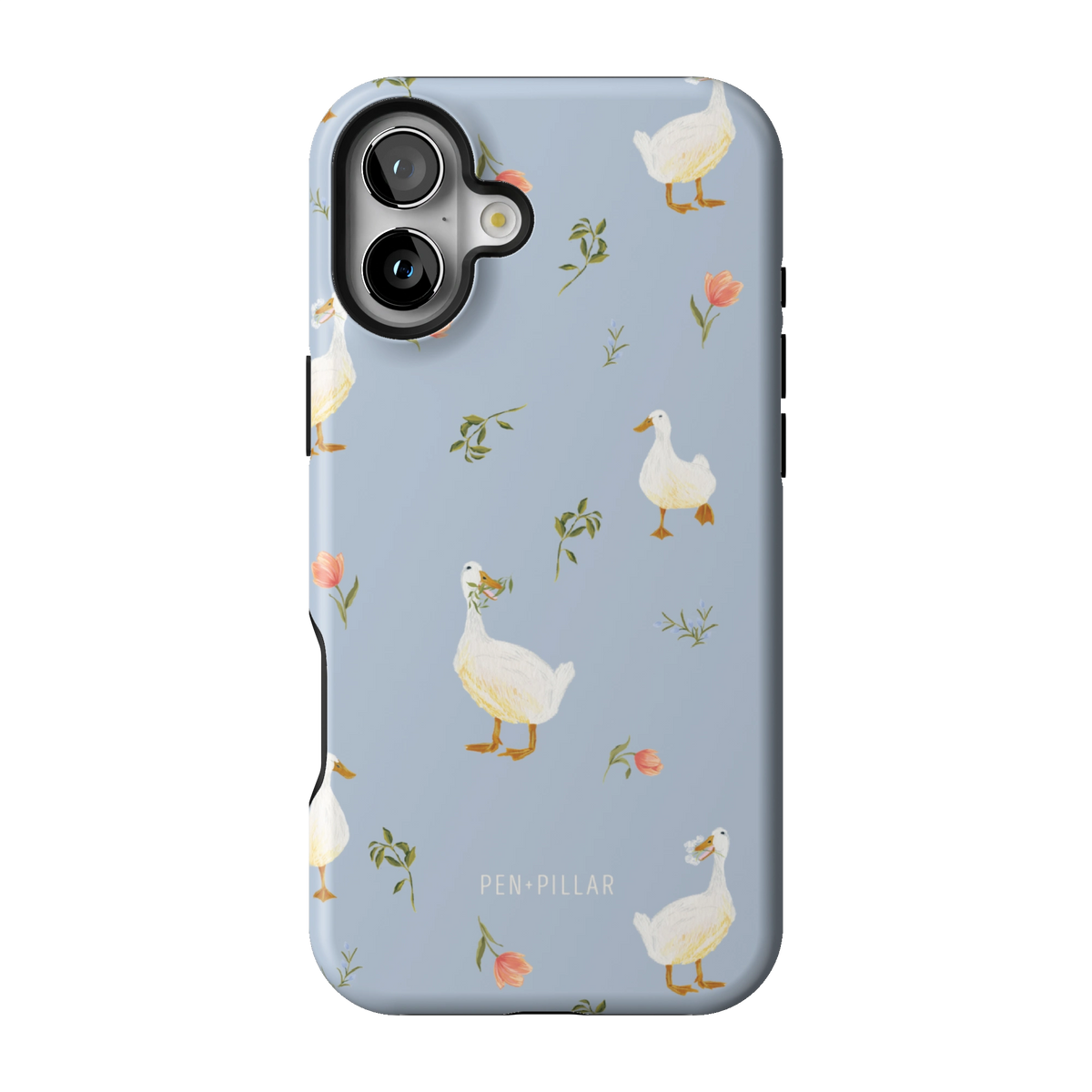 Ducks case on iPhone 16 Plus, back view: white ducks and small flower sprigs on soft blue