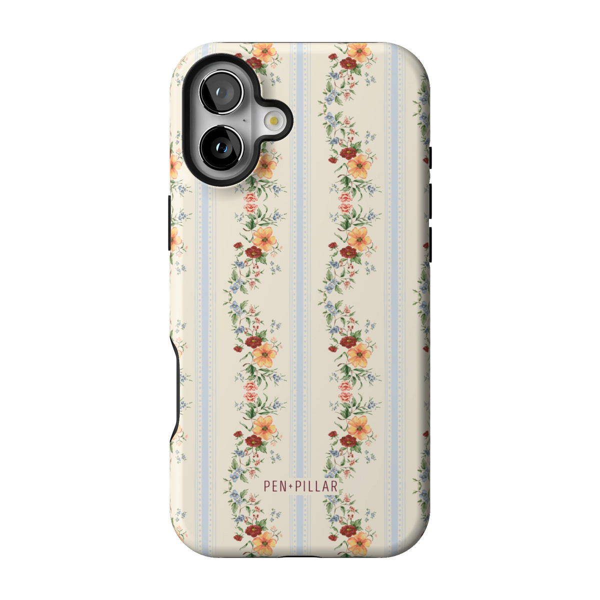 Wallflower case on iPhone 16 Plus, back view: floral garlands in orange and blush on cream and pale blue stripes