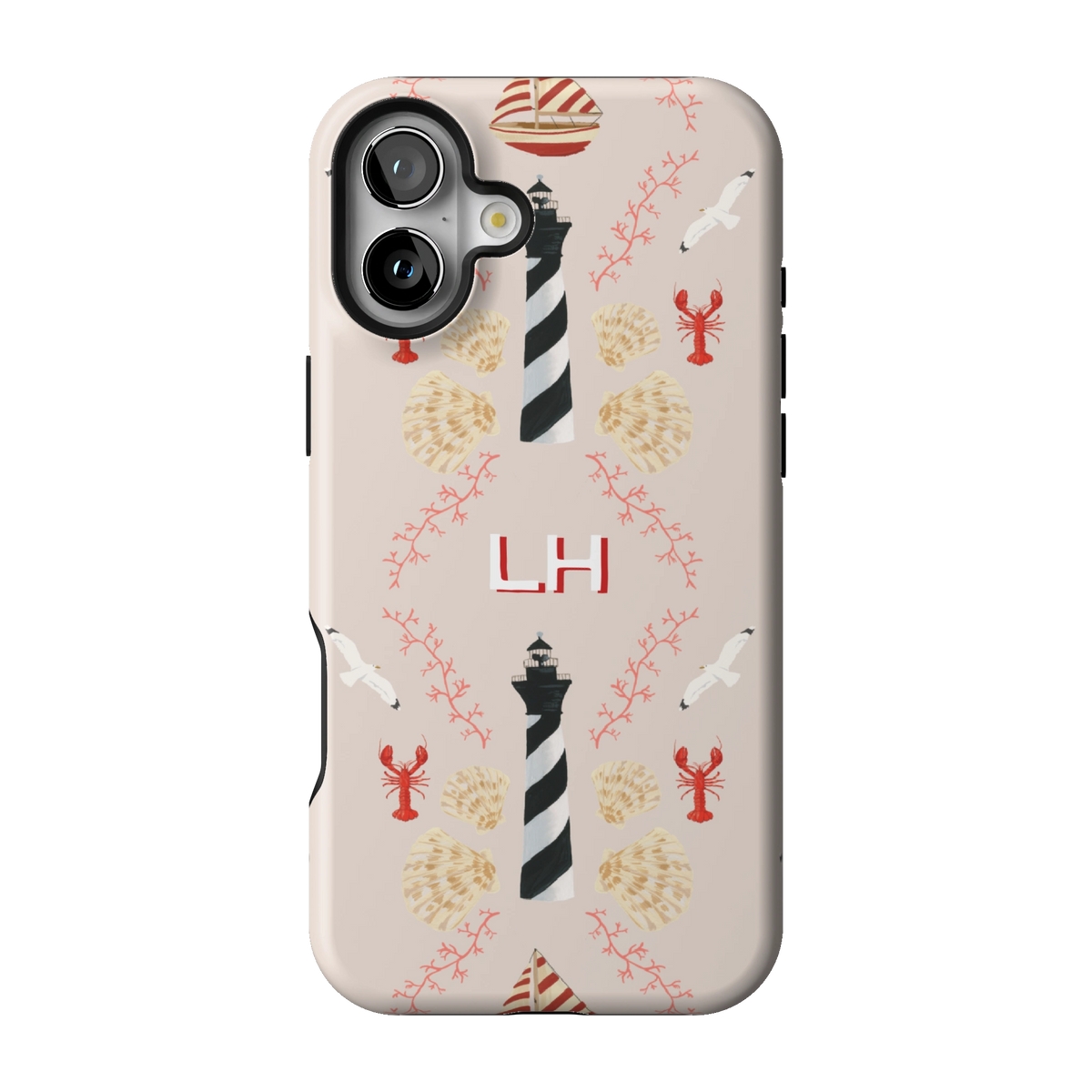 Lighthouse Personalized case on iPhone 16 Plus, back view: striped lighthouses, lobsters and seashells on blush with the initials LH