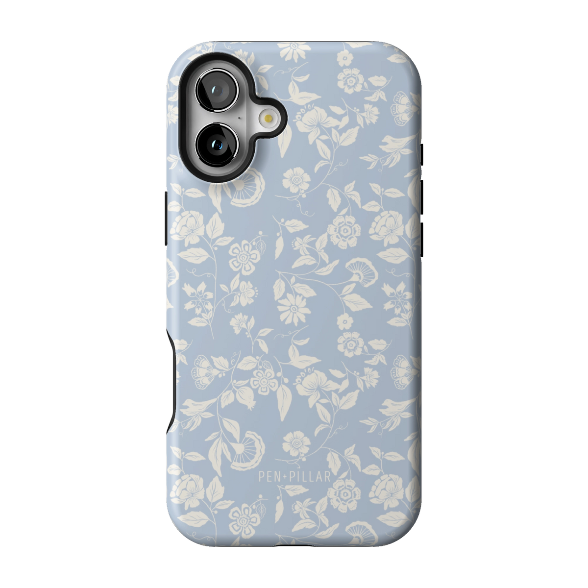 Spritz case on iPhone 16 Plus, back view: white florals on soft blue