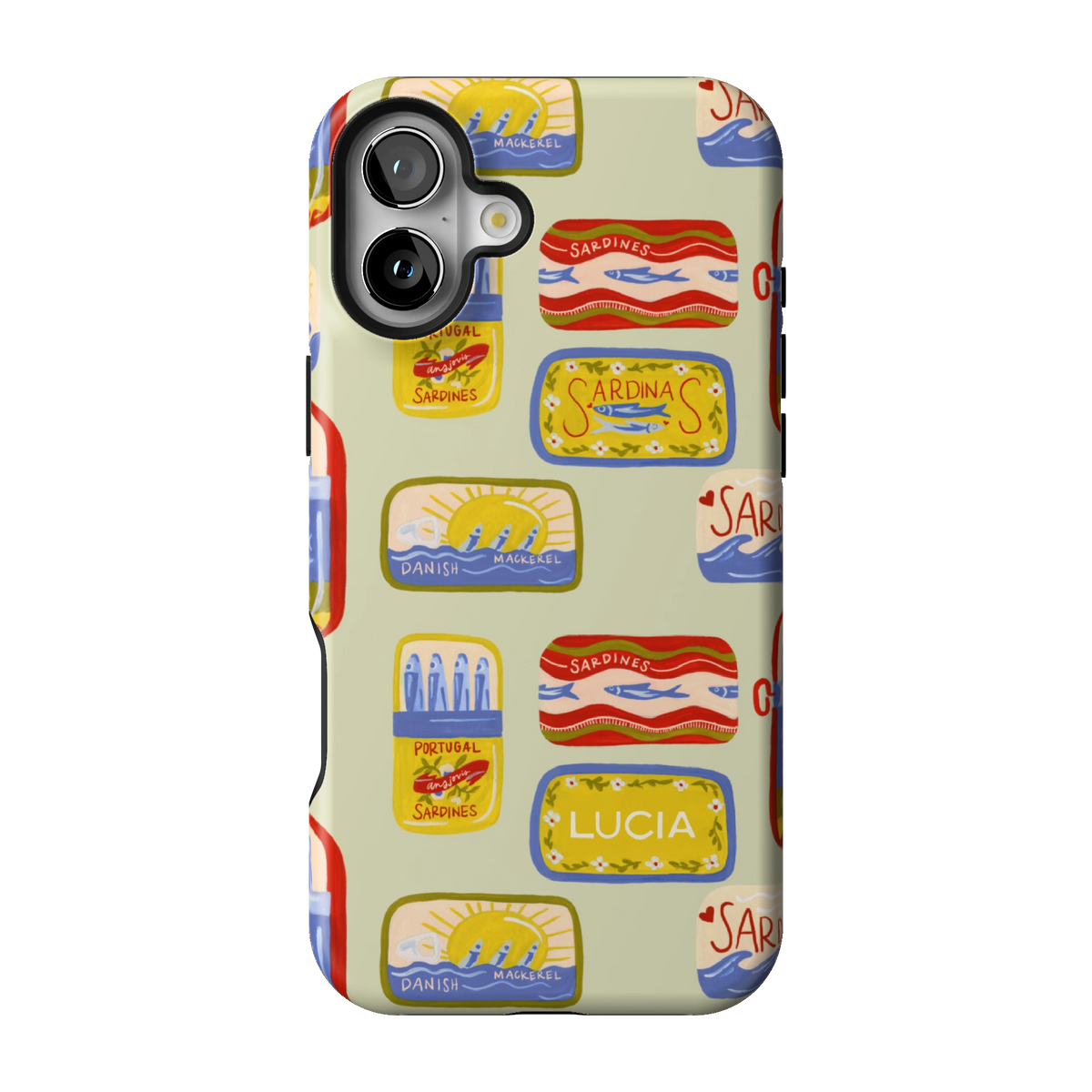 Sardines Personalized case on iPhone 16 Plus, back view: vintage sardine tins on pale sage with the name Lucia