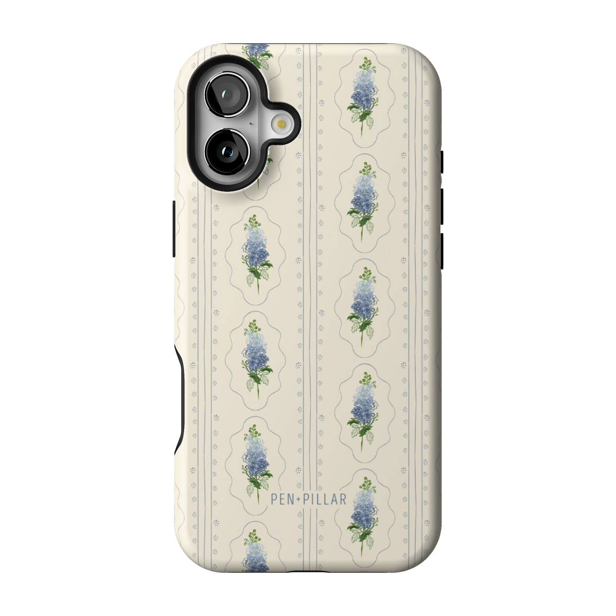 July Birth Month case on iPhone 16 Plus, back view: blue larkspur in cream frames