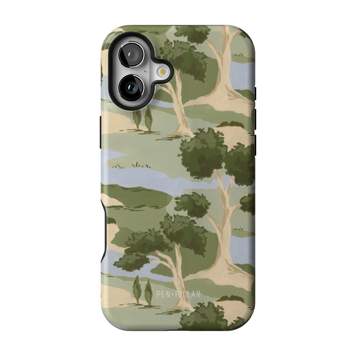 Orchard case on iPhone 16 Plus, back view: rolling green trees and winding blue streams on cream