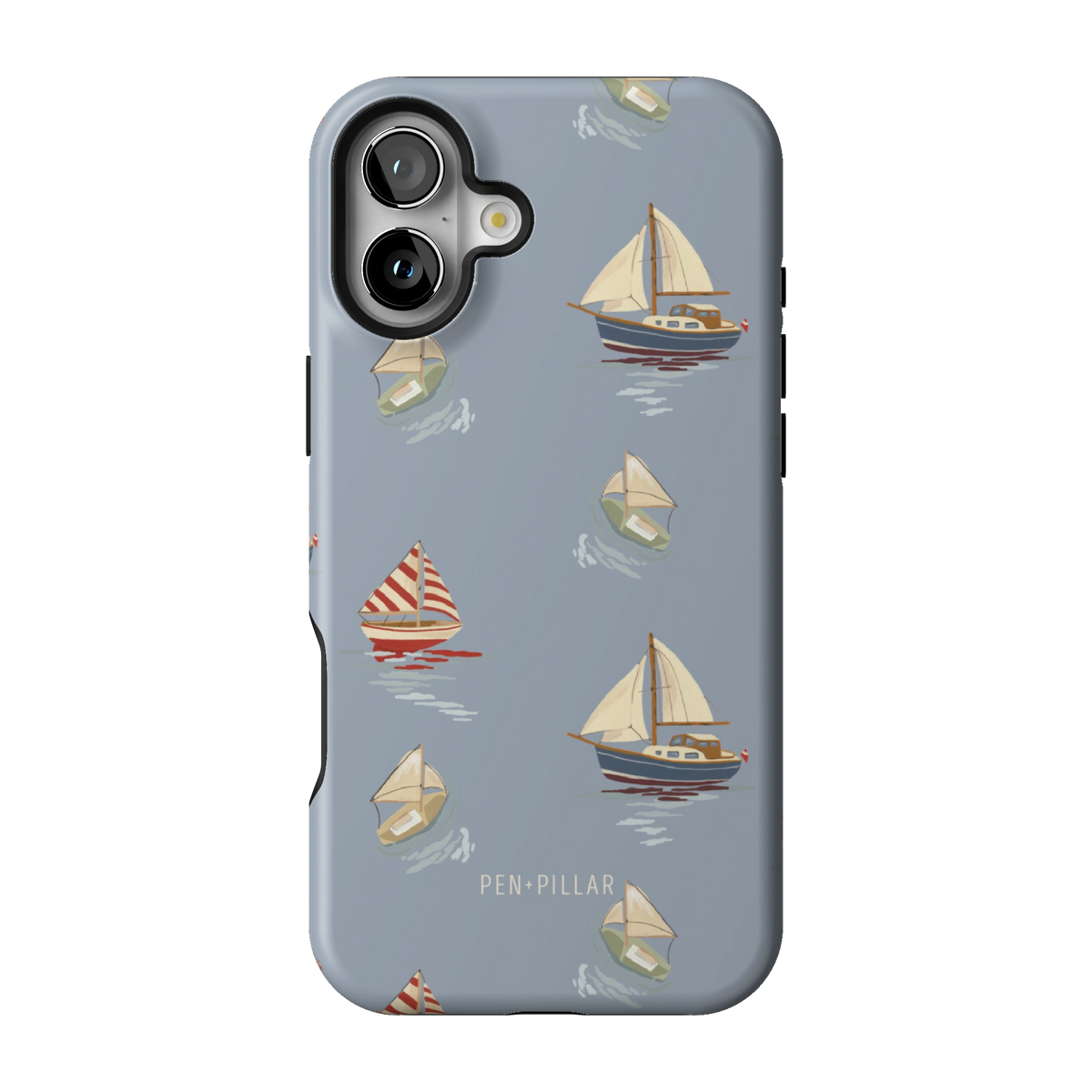 Harbor case on iPhone 16 Plus, back view: sailboats and paper boats on dusty blue