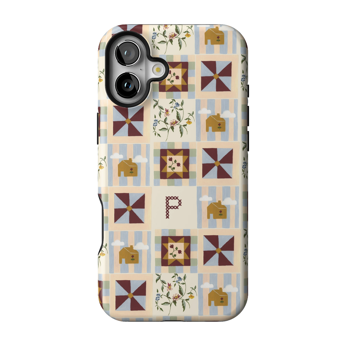 Pinwheel Personalized case on iPhone 16 Plus, back view: burgundy pinwheel quilt blocks on blue stripes with the initial P
