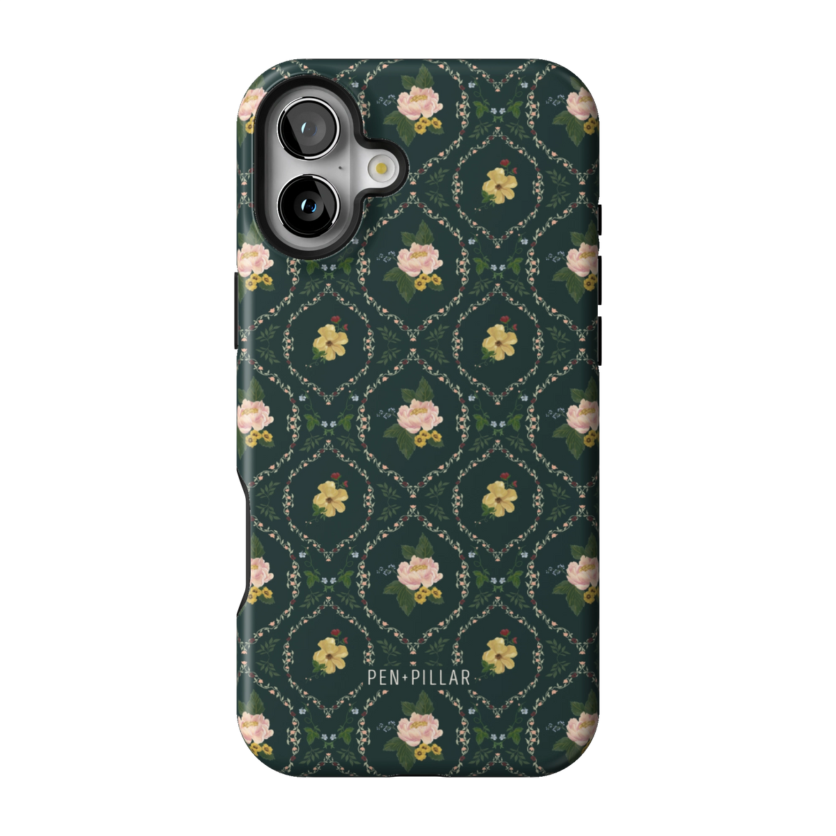 Meadow case on iPhone 16 Plus, back view: small yellow and pink flowers in a diamond trellis on deep green