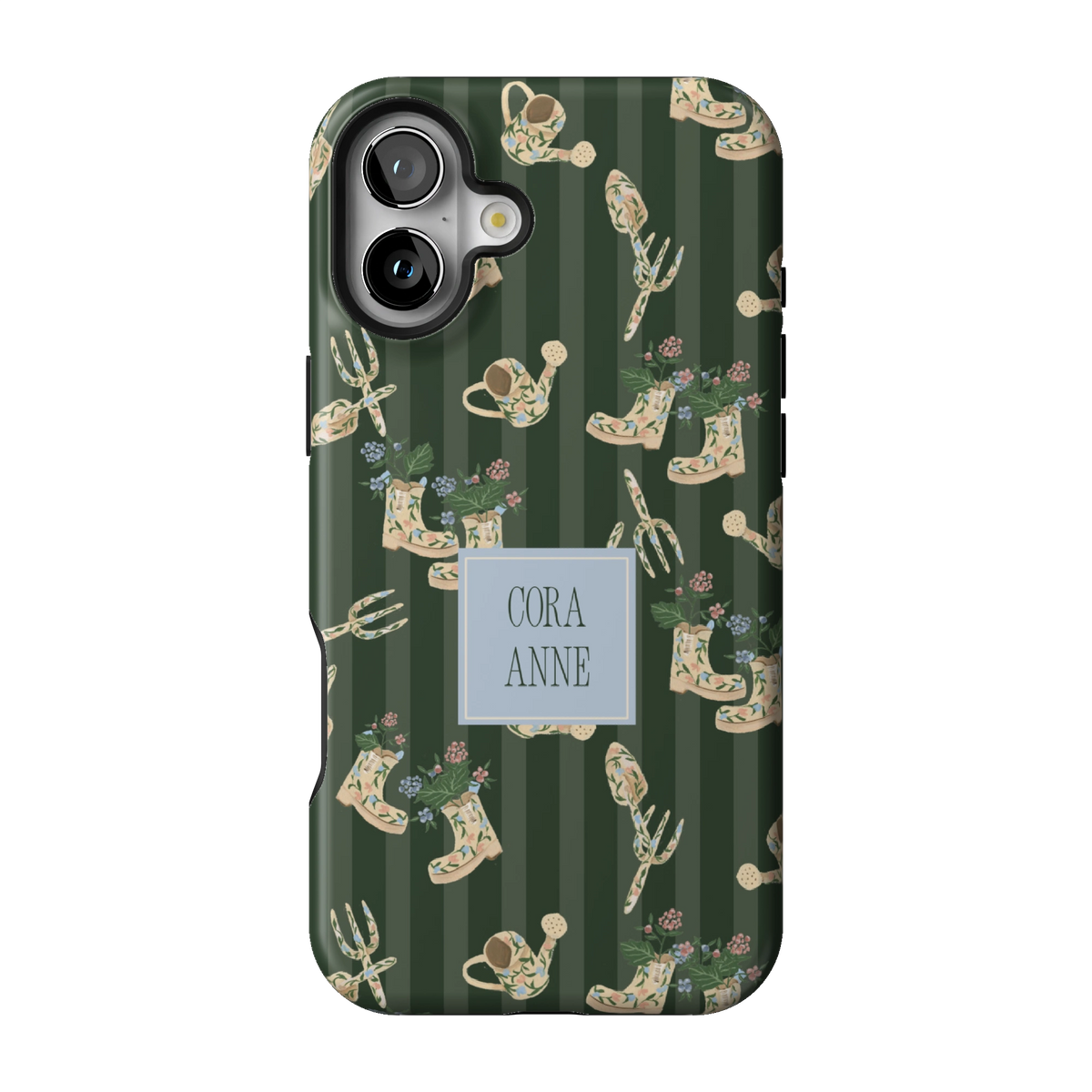 In the Garden Personalized case on iPhone 16 Plus, back view: garden boots, tools and florals on forest green stripes with the name Cora Anne