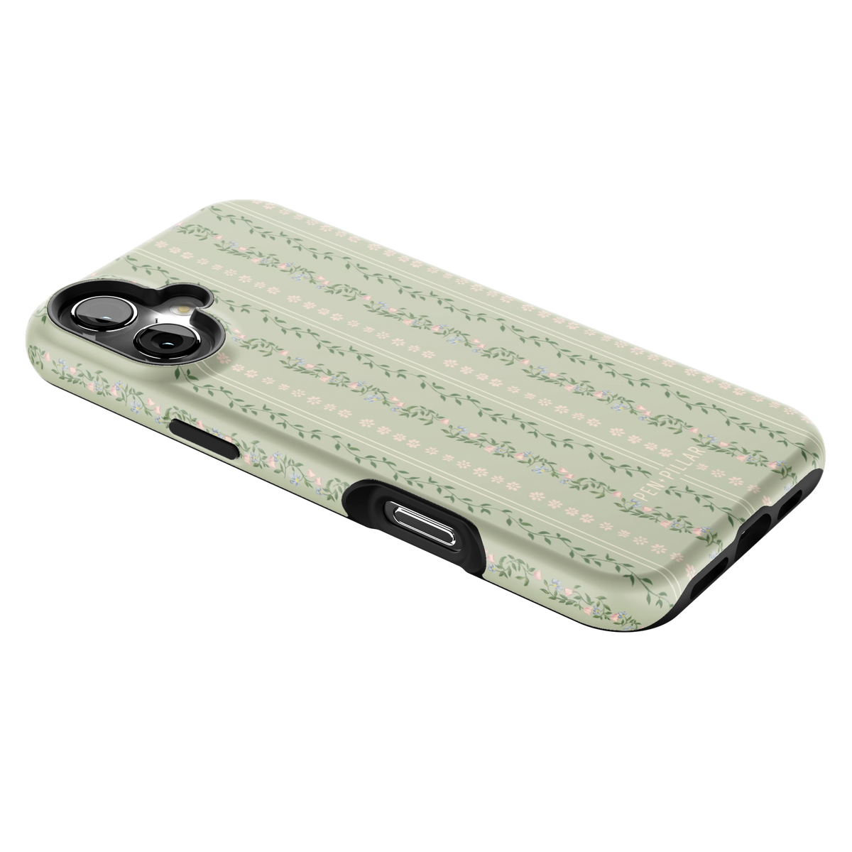 Camellia iPhone 16 Plus case lying at an angle, showing the side buttons and print wrapping the edges