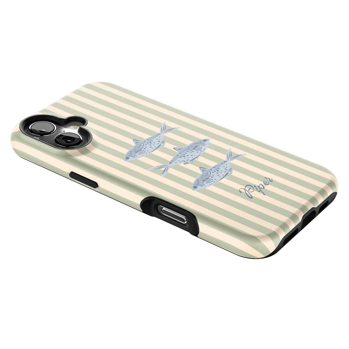 Sea Stripes Personalized iPhone 16 Plus case lying at an angle, showing the side buttons and print wrapping the edges