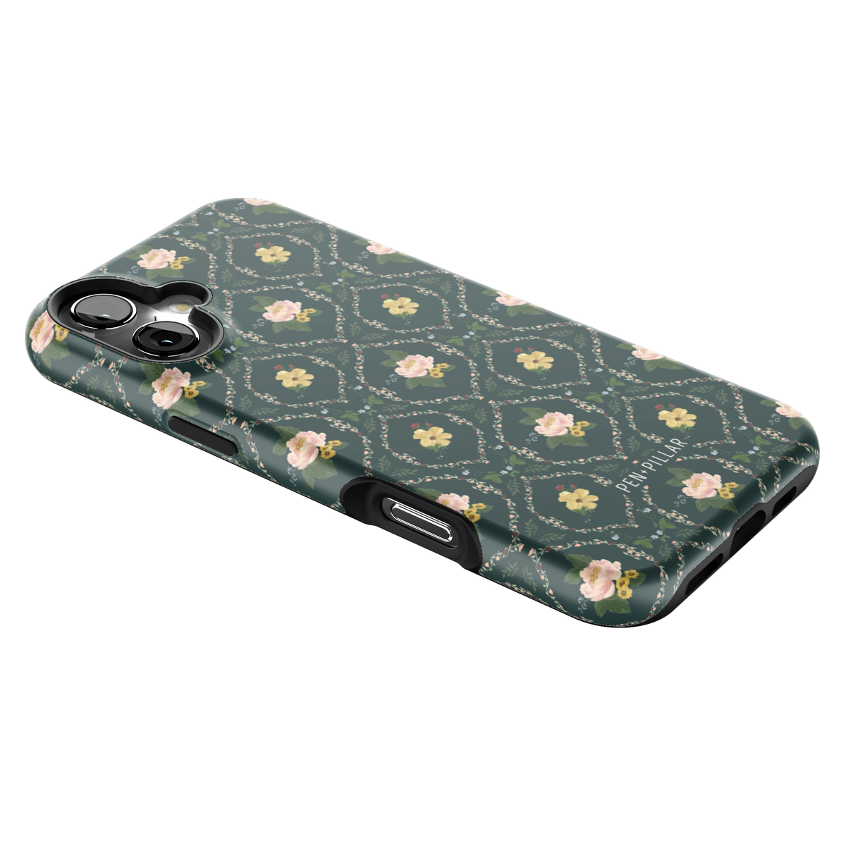 Meadow iPhone 16 Plus case lying at an angle, showing the side buttons and print wrapping the edges