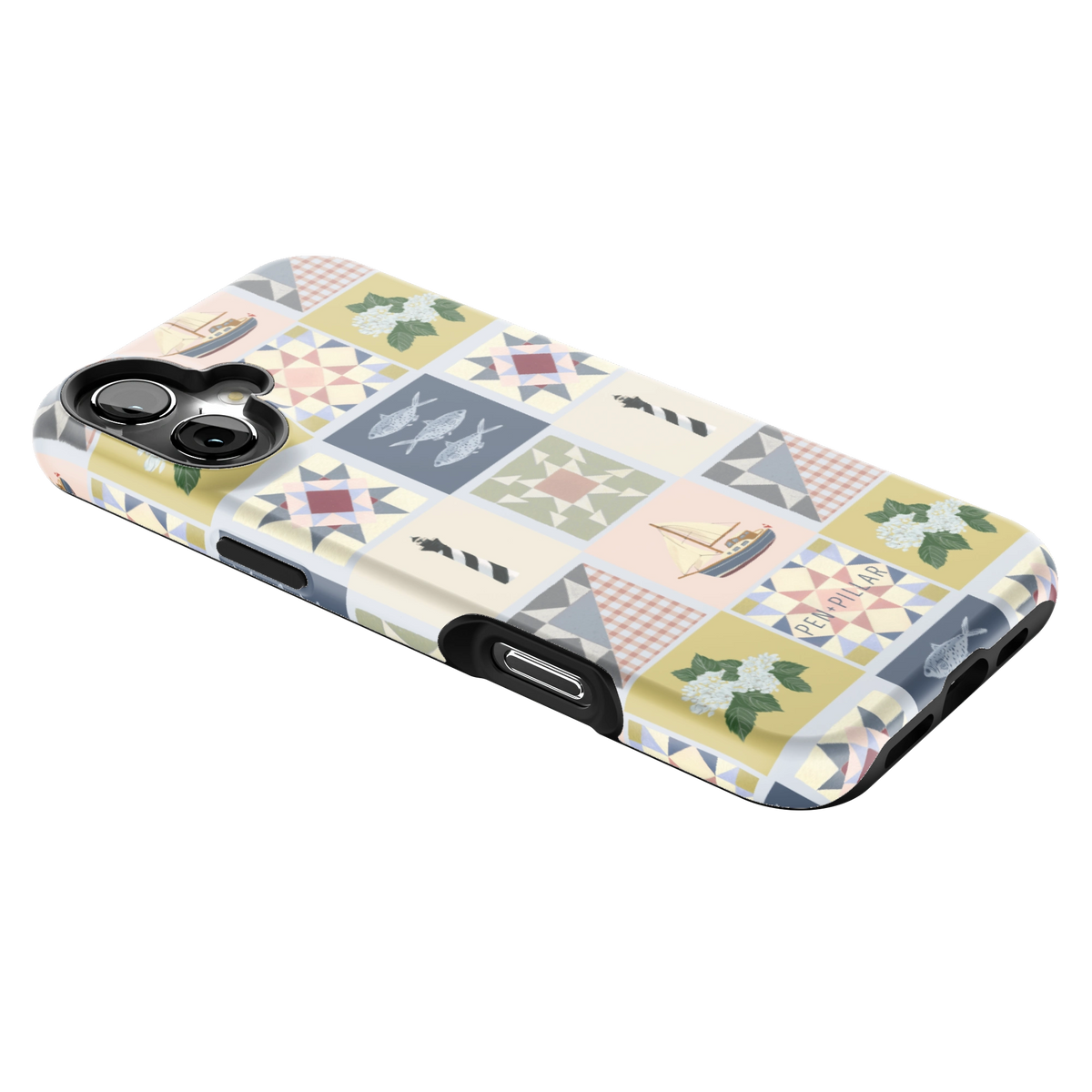 Coastal Quilt iPhone 16 Plus case lying at an angle, showing the side buttons and print wrapping the edges