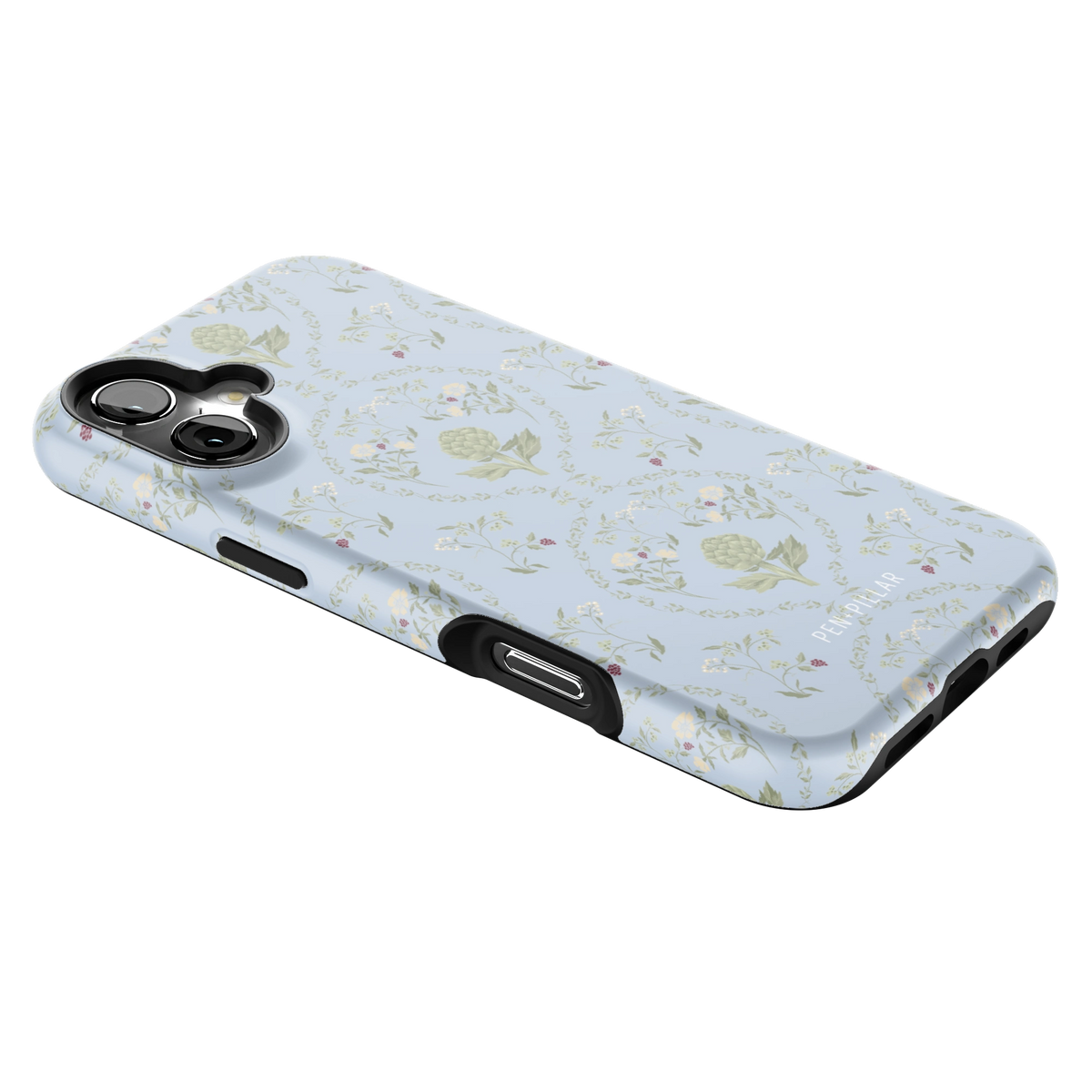 Artichoke iPhone 16 Plus case lying at an angle, showing the side buttons and print wrapping the edges