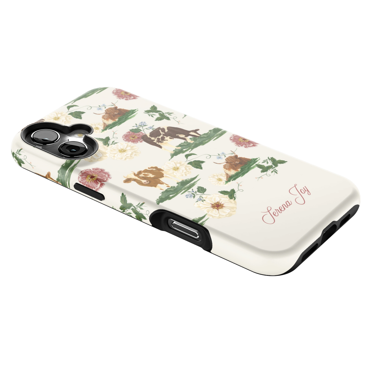 Pasture Personalized iPhone 16 Plus case lying at an angle, showing the side buttons and print wrapping the edges