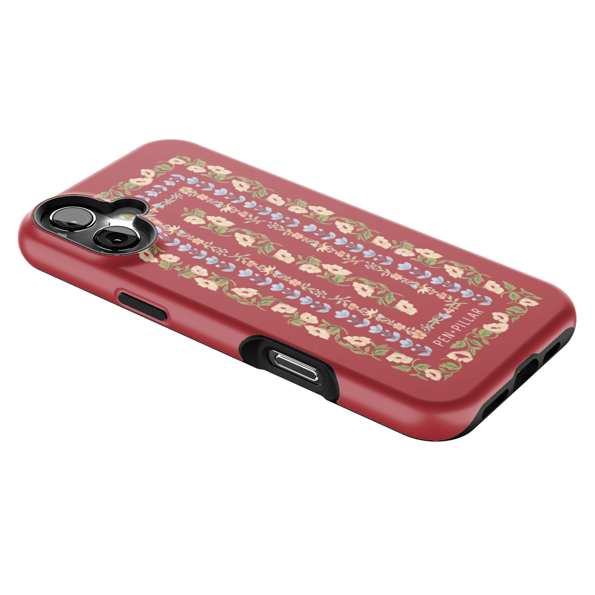 Fiona iPhone 16 Plus case lying at an angle, showing the side buttons and print wrapping the edges