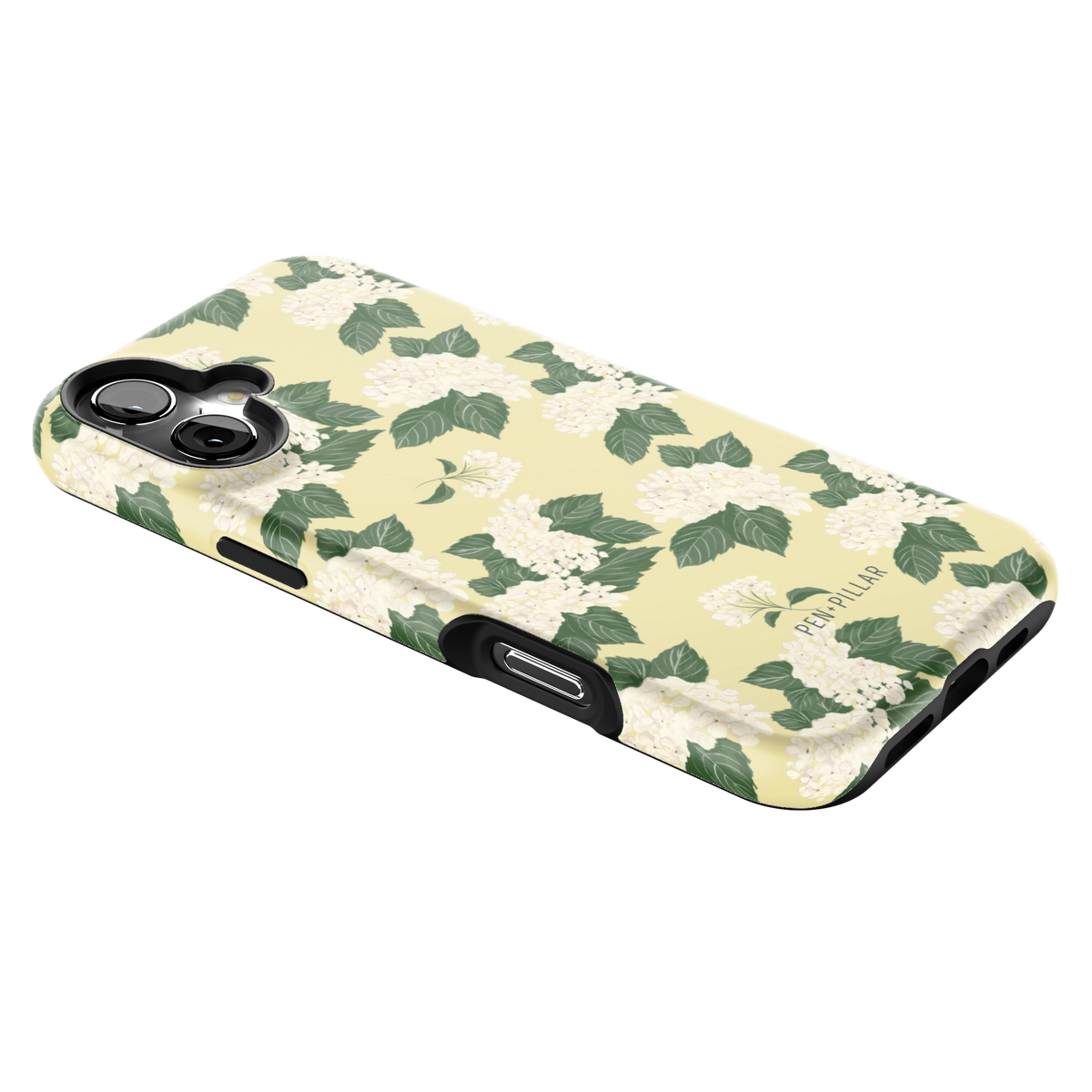 Hydrangea iPhone 16 Plus case lying at an angle, showing the side buttons and print wrapping the edges