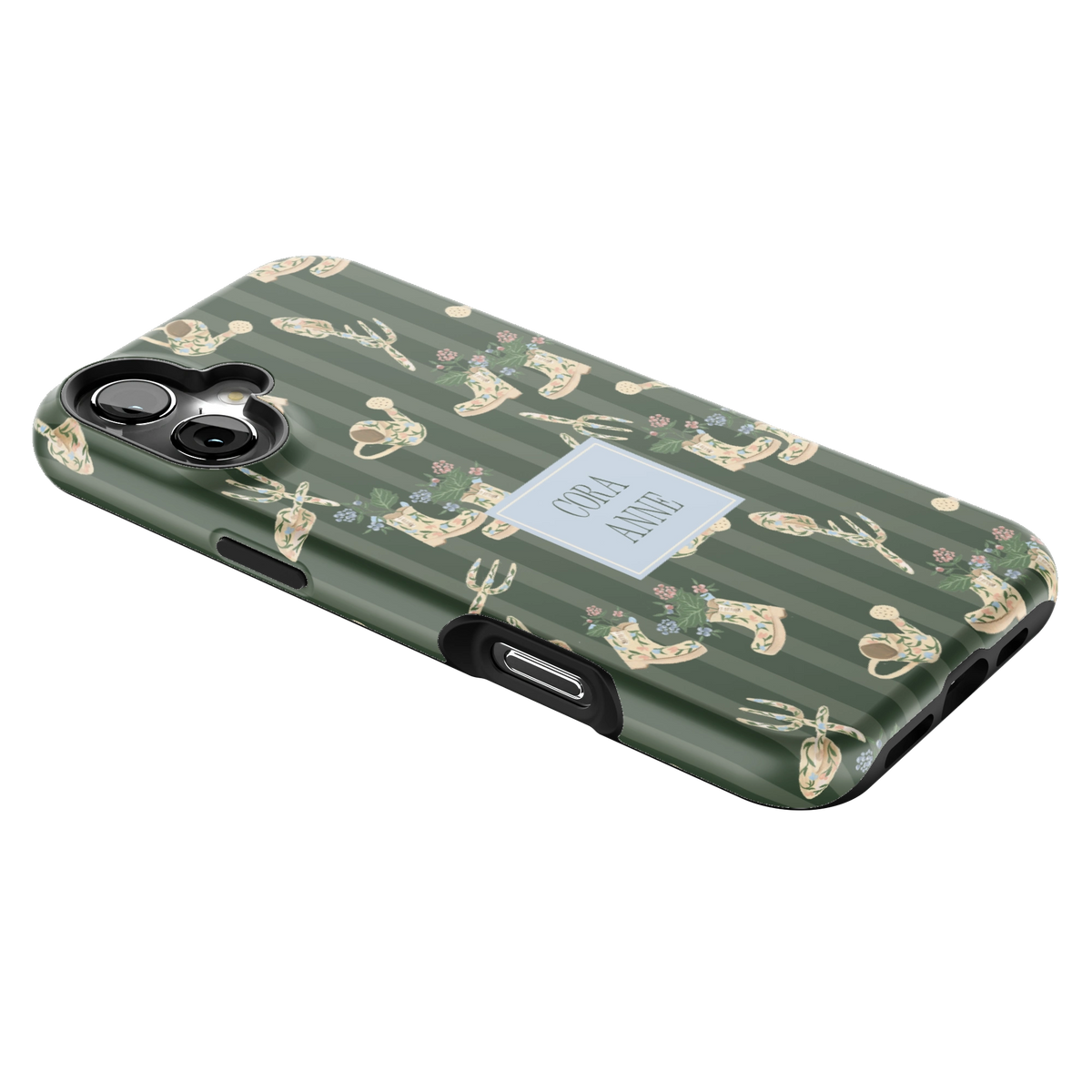 In the Garden Personalized iPhone 16 Plus case lying at an angle, showing the side buttons and print wrapping the edges
